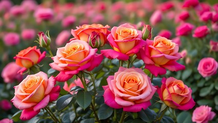 Vibrant pink and orange roses in full bloom in a garden