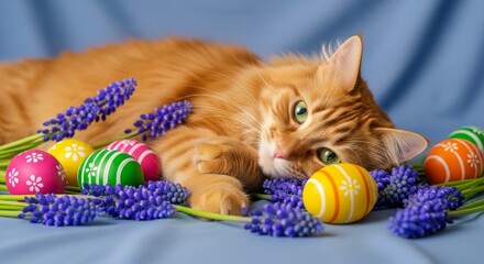 Content orange cat relaxing with colorful easter eggs and purple flowers on blue fabric background