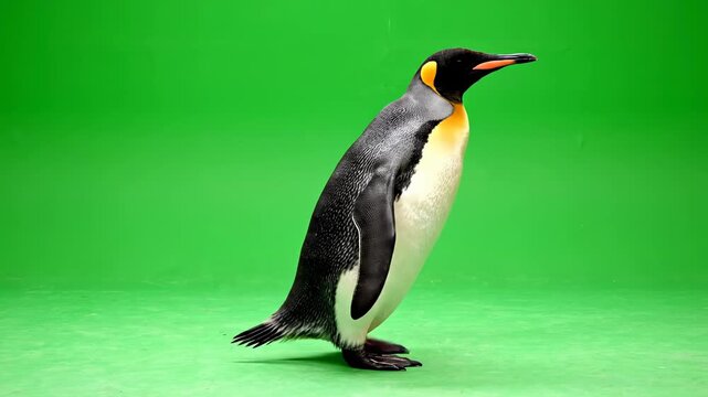 Isolated medium shot of a king penguin standing and then waddling deliberately across a clean chroma key green screen background medium, vfx, waddle