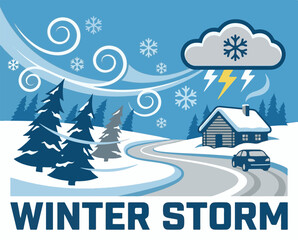 Graphic illustration of a severe winter storm with snow, wind, lightning, and a cabin
