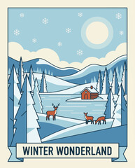 Minimalist Winter Wonderland Scene with Cabin, Deer, and Snow
