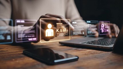 Hands interacting with futuristic holographic user interfaces displaying digital profiles and data, symbolizing advanced technology, data managemen... - Powered by Adobe