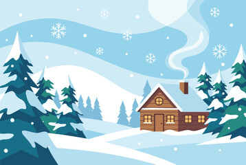 Cozy winter cabin in snowy forest landscape with falling snowflakes