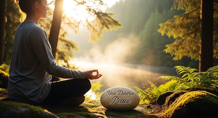 Serene man meditating in forest.