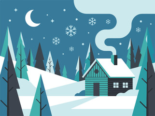 Winter night landscape with cozy cabin, snowy trees, moon, and snowflakes