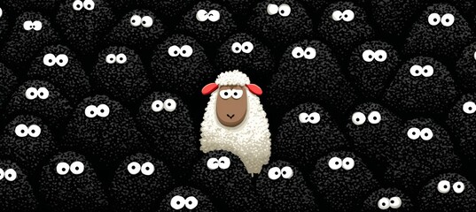 White sheep surround by black sheep. Generative AI technology.	
