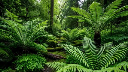 Lush Green Forest with Ferns and Trees.