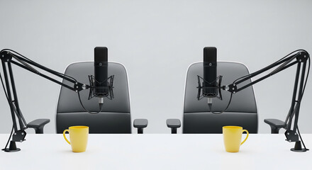 Two microphones on adjustable arms, flanking yellow mugs on a white table, against a neutral background.  Showcase for podcasting or interview setup
