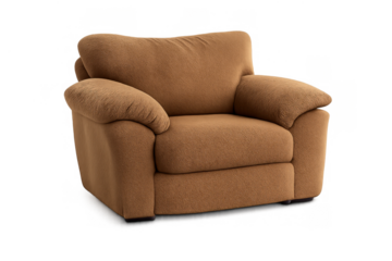 Comfortable brown fabric armchair offering plush seating for home interior design and relaxation, isolated with transparent background