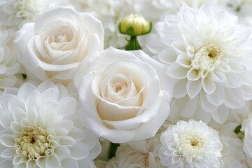 Obraz premium White roses and dahlias create a stunning floral arrangement, showcasing delicate petals and textures, perfect for wall background or decoration in various settings