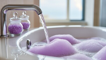 Modern chrome faucet fills bathtub with purple foam, surrounded by bath salts, emphasizing bathroom spa rituals, beauty treatments, and relaxation at home