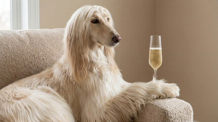Afghan Hound with long light hair holds a champagne glass in a paw, looking right with a refined and calm expression