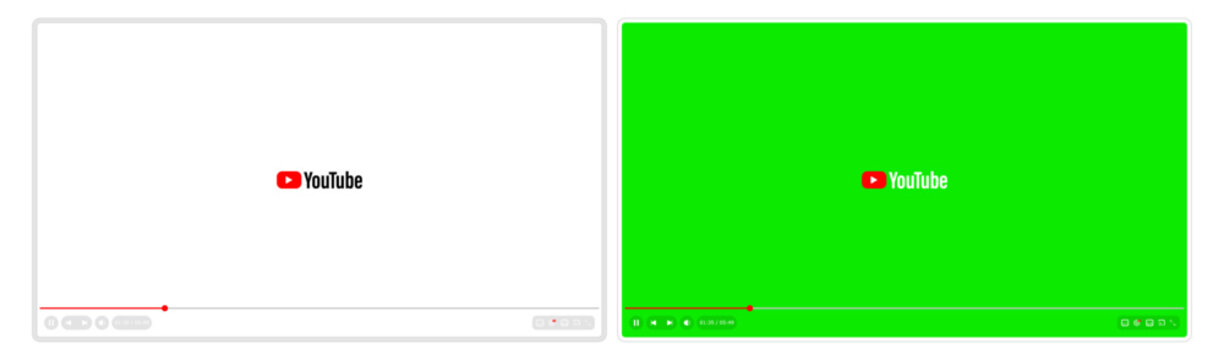 A comparison illustration of a minimalist online video player interface showing controls and progress bar, presented on both a clean white background and a bright chroma key green screen.