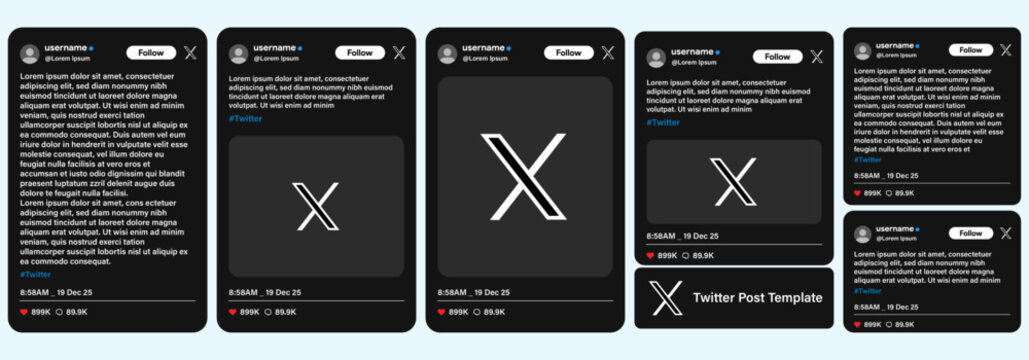 x mockup of modern dark mode social media post templates displaying placeholder text and engagement metrics, isolated on a light blue background for digital design mockups and presentations.