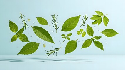 A collection of various green leaves on a light blue background