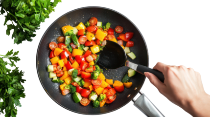 Stirring colorful ingredients in frying pan cooking process on transparent background