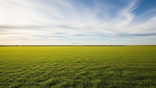 A vast green field under a blue sky with wispy clouds and a distant goalpost - Powered by Adobe