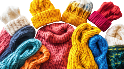 Sweater tunic dresses with colorful scarves mittens and winter accessories on transparent background