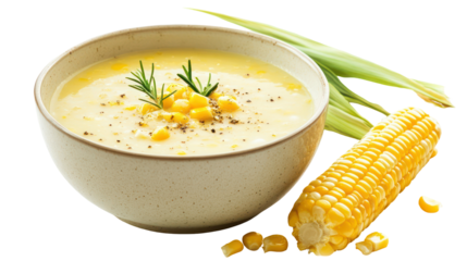 Sweet corn soup with golden color womans hand lifting spoon on transparent background