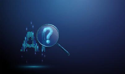 AI text under a magnifying glass with a question mark inside. Artificial intelligence, digital pattern, computational logic, uncertainty concept.