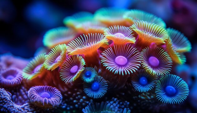 Close Up Of Zoanthid Coral Polyps In Vibrant Colors