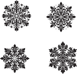Ornate Floral Mandala Icon Set in Black with Radial Symmetry and Decorative Petal Motifs