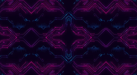 digital circuit pattern with glowing pink and blue lines illustrating data flow and futuristic technology for abstract design concepts.