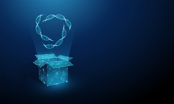 3D DNA strands from an open box. Genetic discovery, biological data exploration, hereditary research, genetic material collection, transportation concept.
