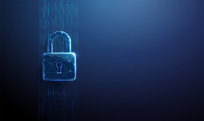 Lock symbol over a vertical stream of blue data dots. Cybersecurity, data protection, secure access, privacy preservation, network safety concept.