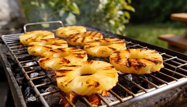 Grilling sweet pineapple rings over hot coals outdoors for a tasty summer treat pineapple grill, barbecue.