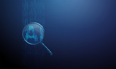 Vertical streams of digital dots and AI under a magnifying glass. Data analysis, algorithm monitoring, model validation, intelligent system research concept
