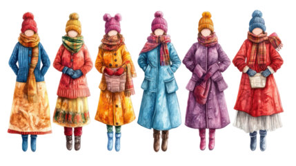Thermal dresses with matching winter accessories mittens and scarves on transparent background