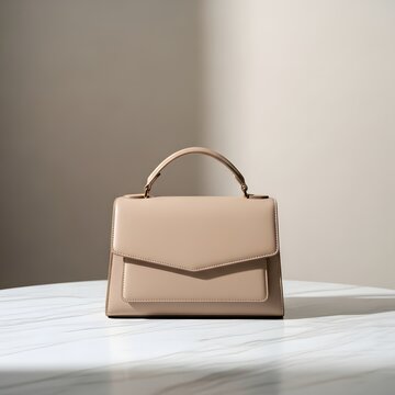 Elegant beige leather handbag on white surface