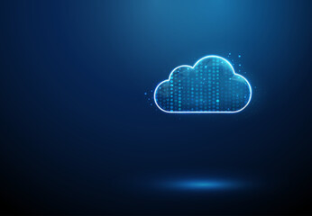 Cloud icon with streams of blue digital points inside Data flow, cloud computing, information processing, analytics, monitoring, insight, optimization concept.