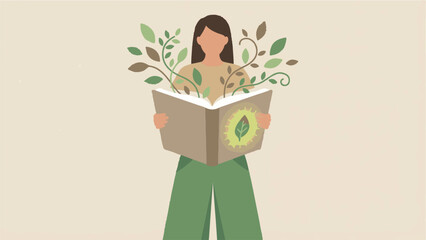 Person reading a book with green plants growing, symbolizing environmental knowledge