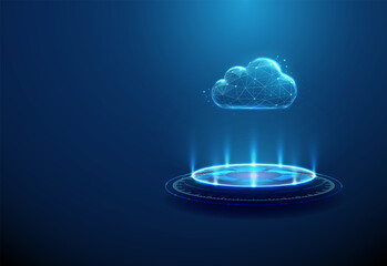 Blue 3D cloud on pedestal Weather visualization, climate monitoring, digital data cloud, environmental observation, scientific presentation concept.