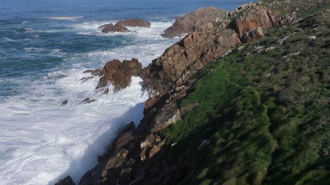 Rugged Coastline Of Senda Azul (Paseo Mar&iacute;timo de Arteixo) Coastal Trail Hike In Arteixo, A Coru&ntilde;a, Galicia, Spain. Aerial Shot