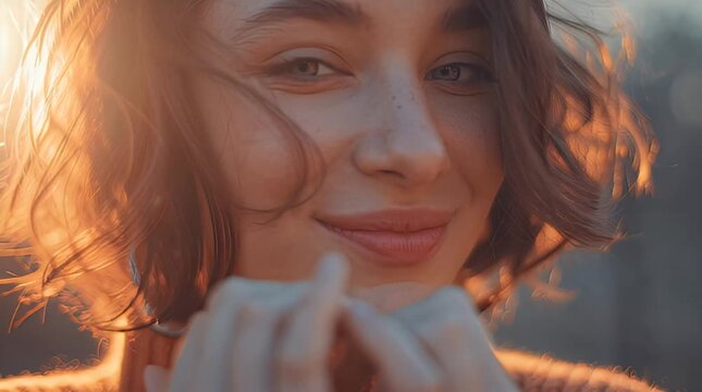 Woman on Valentine's Day holding finger to heart under nubes with love