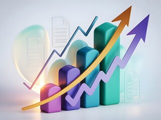 Performance evaluation poster with abstract bar graphs, checkmarks, and document icons symbolizing success metrics