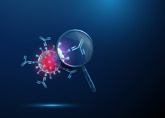 Magnifying glass showing virus attacked by neutralizing antibodies. Immune defense, viral infection control, antibody therapy, vaccination, concept.