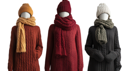 Three wool sweater dresses side by side with matching scarves on transparent background