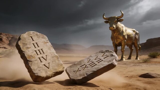 Moses Smashing Tablets: Moses Breaking the Ten Commandments Stone Tablets near Golden Calf.