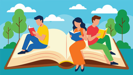 Group of diverse people enjoying reading books in a serene outdoor setting