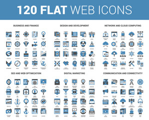 Vector Set Of 120 Flat Web Icons On Following Themes Business And Finance Design And Development Network And Cloud Computing Seo And Web Optimization Digital Marketing Communication