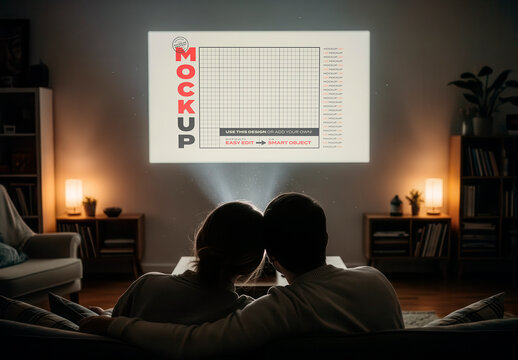 Couple Watching Projector Screen on Sofa