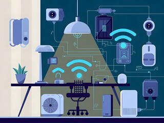 Smart office technology wallpaper with IoT icons, Wi-Fi signals, and glowing sensors forming a connected digital grid