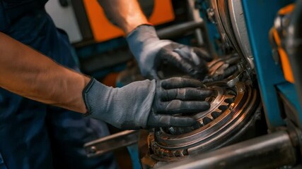 Closeup of hands replacing wornout parts on heavy machinery showcasing precision and care in maintenance procedures.