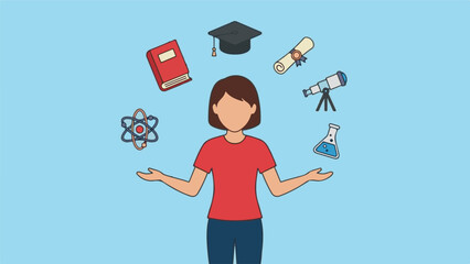 Woman surrounded by education and science icons on a blue background