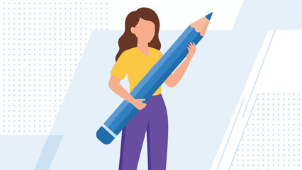 Creative Woman Holding Giant Blue Pencil, Symbol of Education and Writing