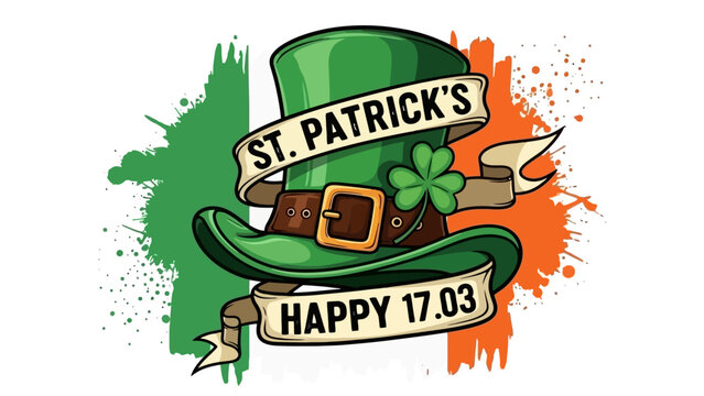 A festive St. Patrick's Day illustration featuring a green leprechaun hat adorned with a shamrock and a banner reading 'Happy 17.03', set against a vibrant Irish flag background with paint splatters.
